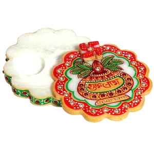 Chopra Marble Flower Shubh Labh手彫り彫刻石アイテムホームレディースオンラインショッピングギフト用の磨かれた装飾 - Product Image 2