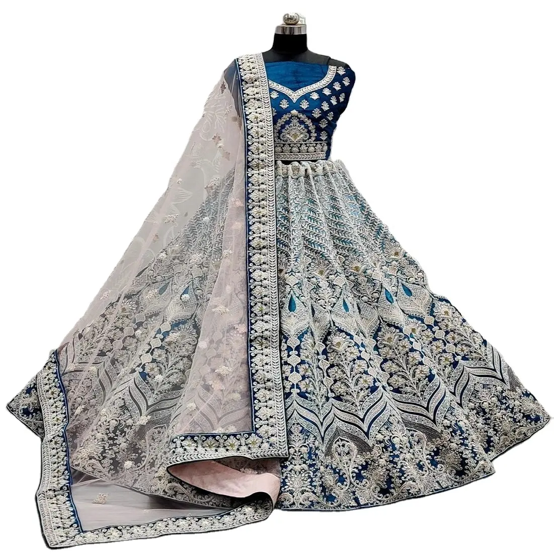 Dgb xuất khẩu Ấn Độ quần áo cưới ánh sáng màu xanh lehenga choli với ngọc trai làm việc thời trang Bridal lengha thiết kế mới nhất 2023 bán buôn