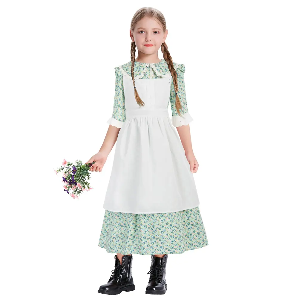 OEM פיוניר מושבות שמלה + סינר + מצנפת תלבושות 3pc בנות אמריקאי היסטורי סטים לילדים בגדים