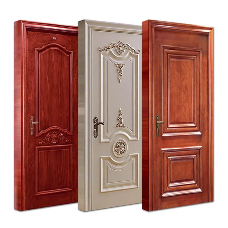 Puerta de madera moderna de modelos más nuevos personalizados, colores de pintura de habitación interior listos para usar, puertas de losa de madera maciza HDF de caoba