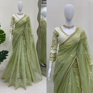 Tasarımcı Adults parti kıyafeti Sari bluz hint pakistanlı yeni Sari yetişkinler için düğün Net kumaştan yapılmış - Product Image 1