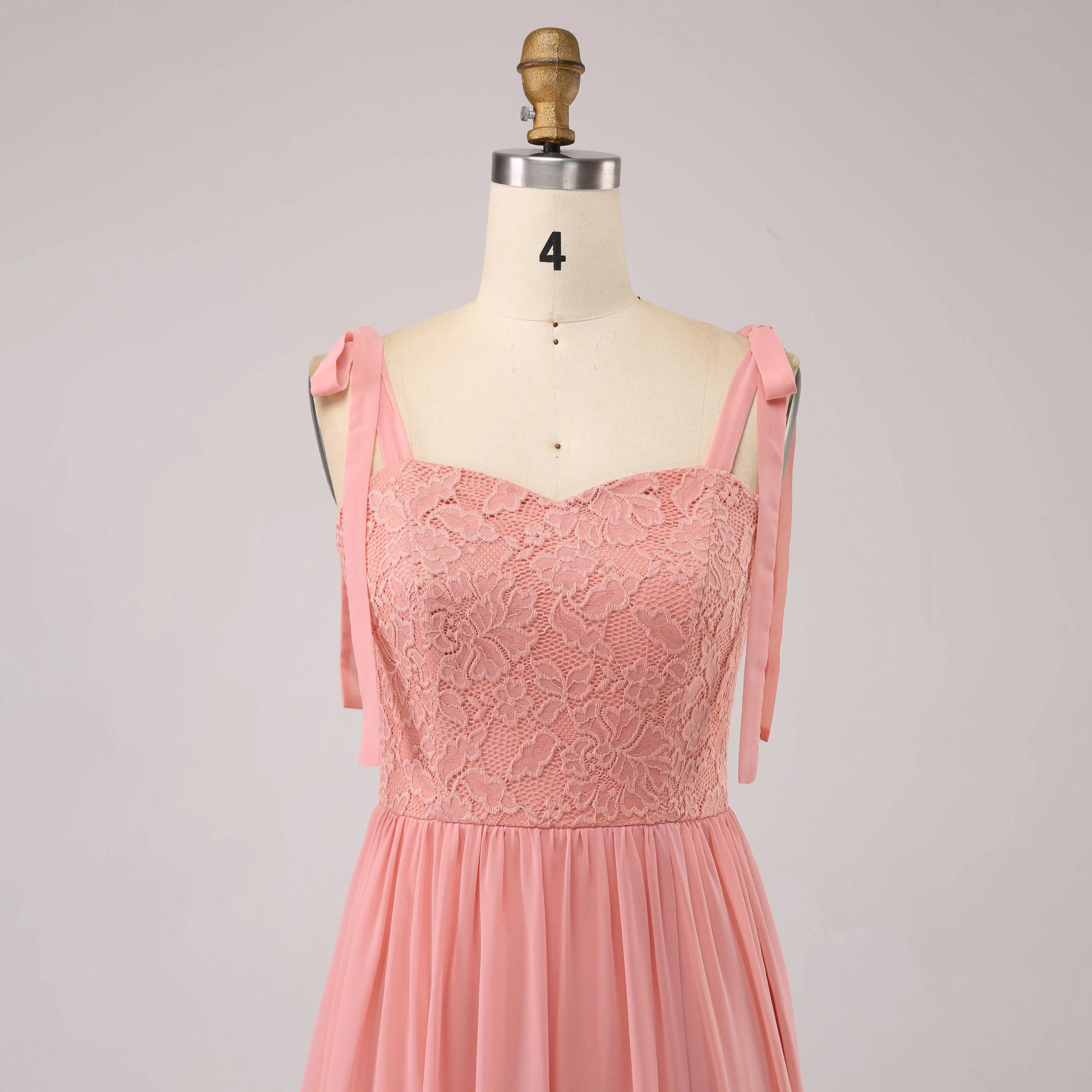 Vestido de dama de honra formal feminino sem mangas rosa com alça de ombro linha A até o chão, chiffon de renda, longo para convidados de casamento