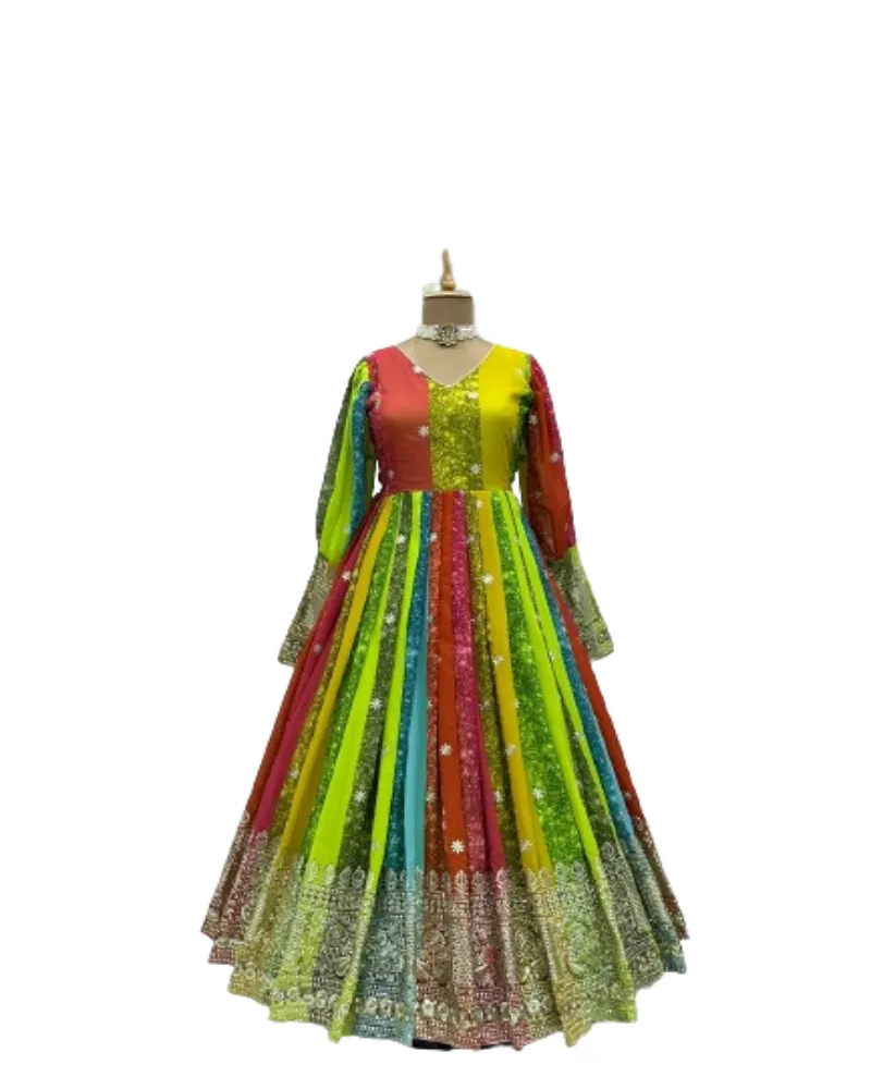 Exclusif indien femmes entièrement évasée dentelle travail Anarkali robe et Dupatta brodé Designer femmes 2 pièces longue robe costume ensemble,