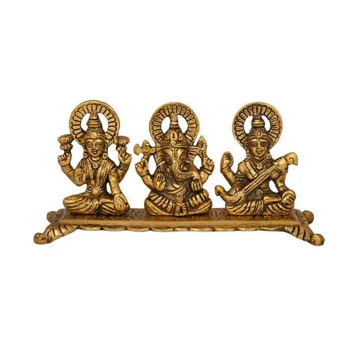Artisanat traditionnel indien aspect Antique avec Statue de Laxmi Ganesh Sarasvati, Temple rectangulaire plaqué argent avec Statue