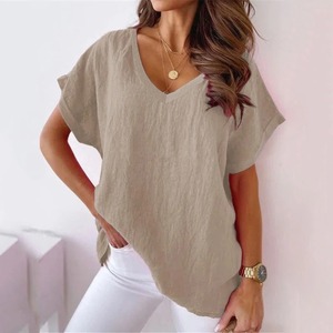 女性用ホワイトパフォーマンスコットン<span class=keywords><strong>V</strong></span>ネックTシャツ無地半袖ライトルーズフィット長丈プリントパターン