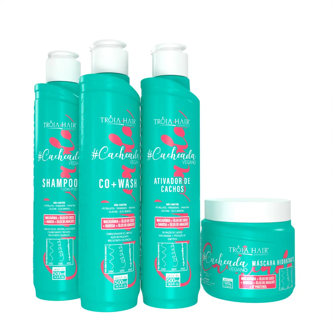 Troia Hair Curly Hair 4 Productos de 500ml Champú vegano hidratante con aceite de coco Macadamia, aceite de aguacate Aloe Vera D'panthenol