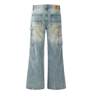 Erkek moda çift diz marangoz pantolon eski tarzı rüzgar delikleri atık toprak taş yıkama Denim çan dipleri düz dokuma kot yapmak - Product Image 3
