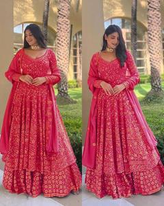 优质面料Lehenga Choli人造乔其纱，带重绣5毫米序列，带绣花袖