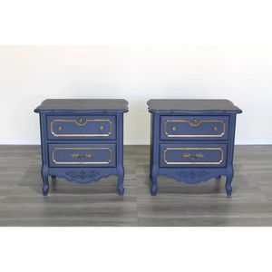 Handmade Pháp tỉnh chàm màu xanh gỗ gụ nightstands với điểm nhấn vàng trang trí công phu 2-ngăn kéo Bàn Cạnh Giường ngủ cổ điển bedro - Product Image 6