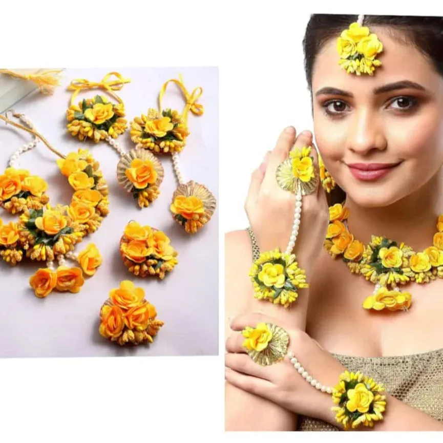 Artificial Flower Jewellery Set For Haldi Set Of Flower Hathful Earrings Mangtika And Necklace For Wedding Favour