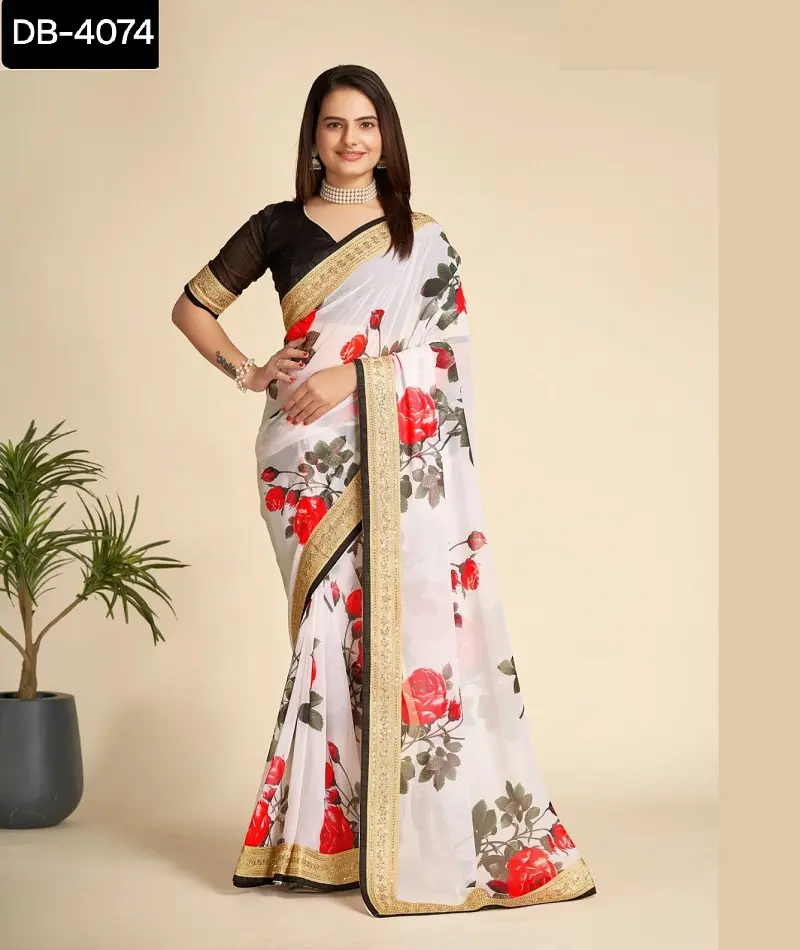 Sari en georgette à imprimé floral fantaisie de style indien et pakistanais avec chemisier pour tenue décontractée et tenue quotidienne Saree pour femme