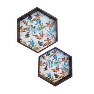 现代精加工和天然材料圆形托盘整体销售用品，花卉印刷设计，一套<span class=keywords><strong>2</strong></span>个木制托盘