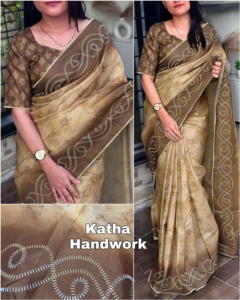 Evergreen tasarımcı elbise Tusser pamuk Saree bluz tasarımcı el <span class=keywords><strong>Katha</strong></span> ve dijital baskı iplik iş Online alışveriş hindistan