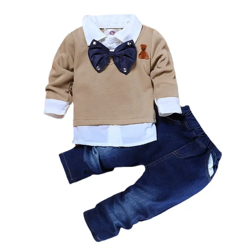 Ritorno a scuola autunno bambino ragazzi maniche lunghe abiti da uomo abito 2 pezzi papillon neonato abbigliamento casual in denim set per bambino