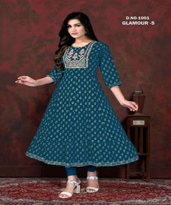 Regular Base Cotton Rayon Kurti with Embroidery Work &amp; Foil Printed Work Lowest Price <strong>Indian</strong> Ethnic Garment Apparelgarment - Product Image 3