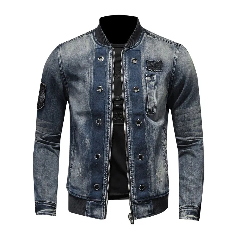 Veste en jean bleu pilote avec col patch style unique Jeans pour hommes Manteaux Vêtements d'extérieur décontractés pour moto