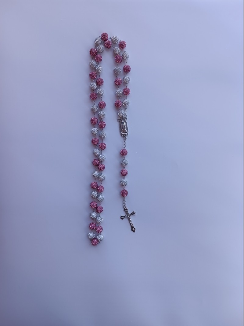 Collana rosario rosa e bianca, 11 grani.