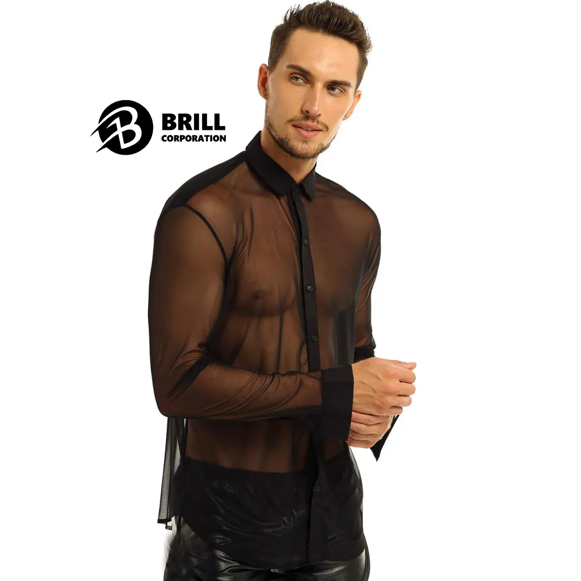 Custom men clothing sexy sheer mesh shirts men Shirt long sleeve custom polyester dress casual sheer mesh shirt