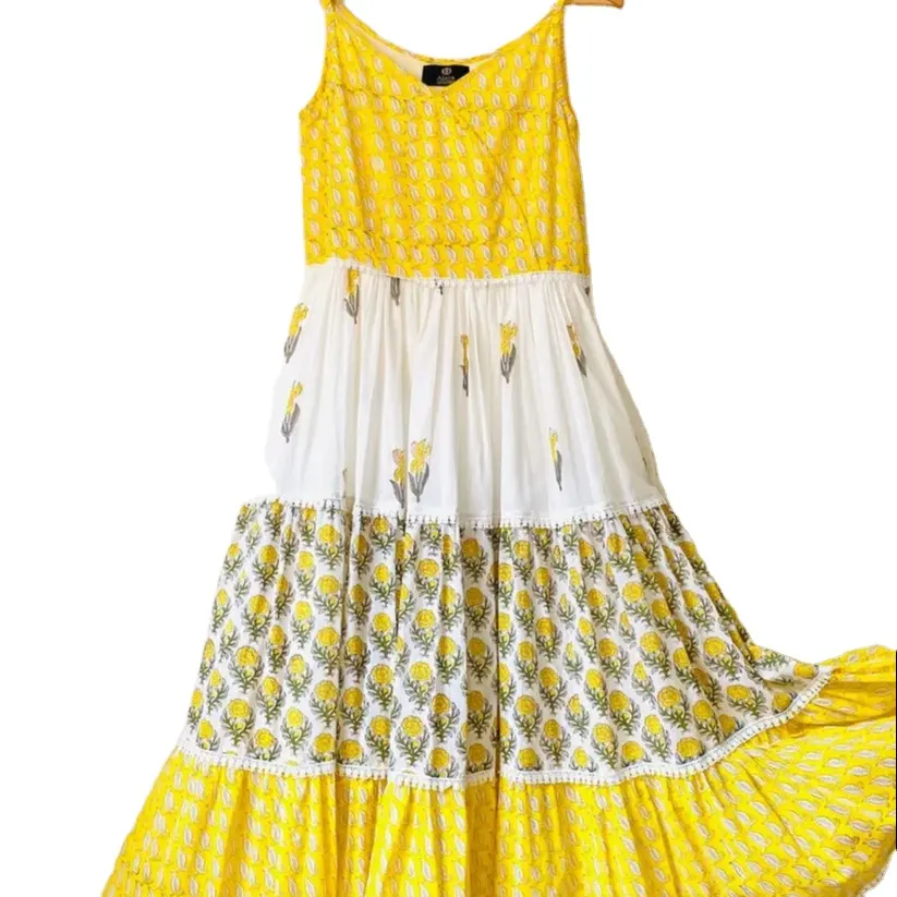 Vestido casual maxi em camadas para mulheres, vestido de algodão com gola fechada, de limão, flora boho, fabricante e exportador indiano