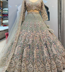 Peacock <strong>design</strong> Lehenga Choli Designer Bridal Lehenga Choli in Pastel with Heavy Embroidery with heavy net dupatta - Product Image 3
