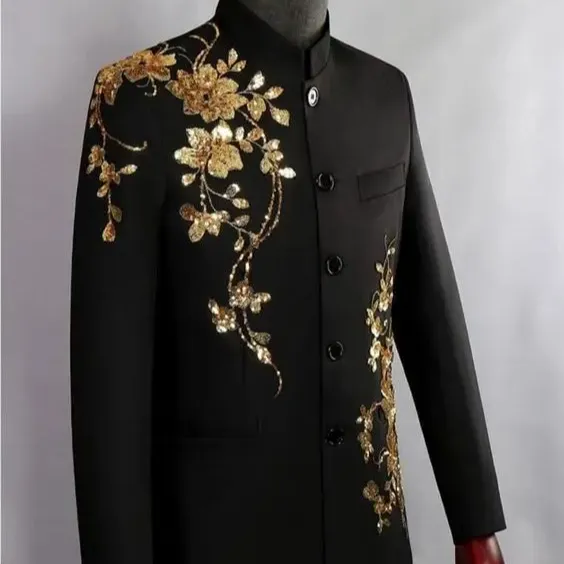 Elegant En Mooi Gouden Zari-Borduurwerk Op Zwarte Jas En Broek Voor Feestkleding/Bruiloft @ 2023