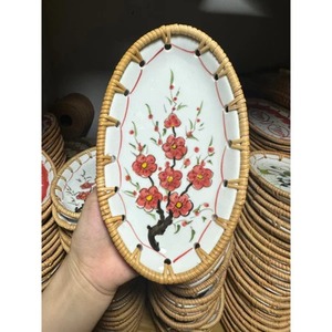 2025 <strong>NEW</strong> ITEM Rustic Style <strong>Handmade</strong> Rattan Ceramic Plate Food <strong>Tray</strong> for Tableware