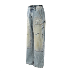 Erkek moda çift diz marangoz pantolon eski tarzı rüzgar delikleri atık toprak taş yıkama Denim çan dipleri düz dokuma kot yapmak - Product Image 2