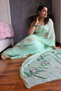 Hand Painted Saree With Running Blouse Partywear Wedding Function Sadi Chiffon <strong>Sari</strong> India Wholesale 2025 Diwali Festival Zari - Product Image 5