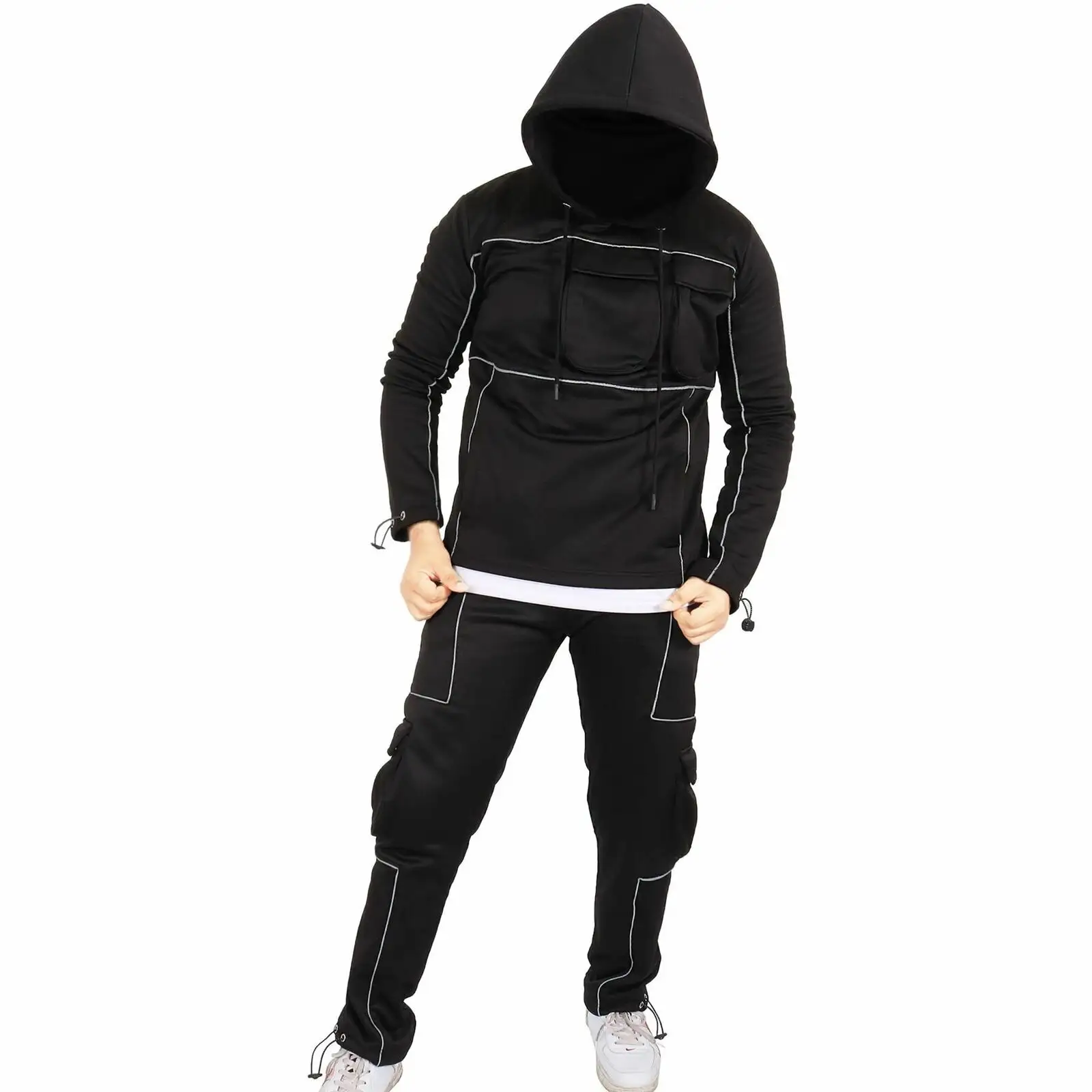 Chándal liso con capucha para hombre, pantalones de chándal con capucha, Top y parte inferior de gimnasio, color negro, diseño personalizado, nuevo