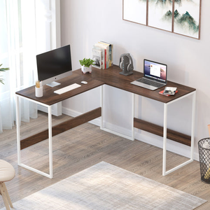 L-Shape Study <strong>Computer</strong> Laptop <strong>Table</strong> for Home or Office Work From Home Desk Brown Maple with White Metal Legs
