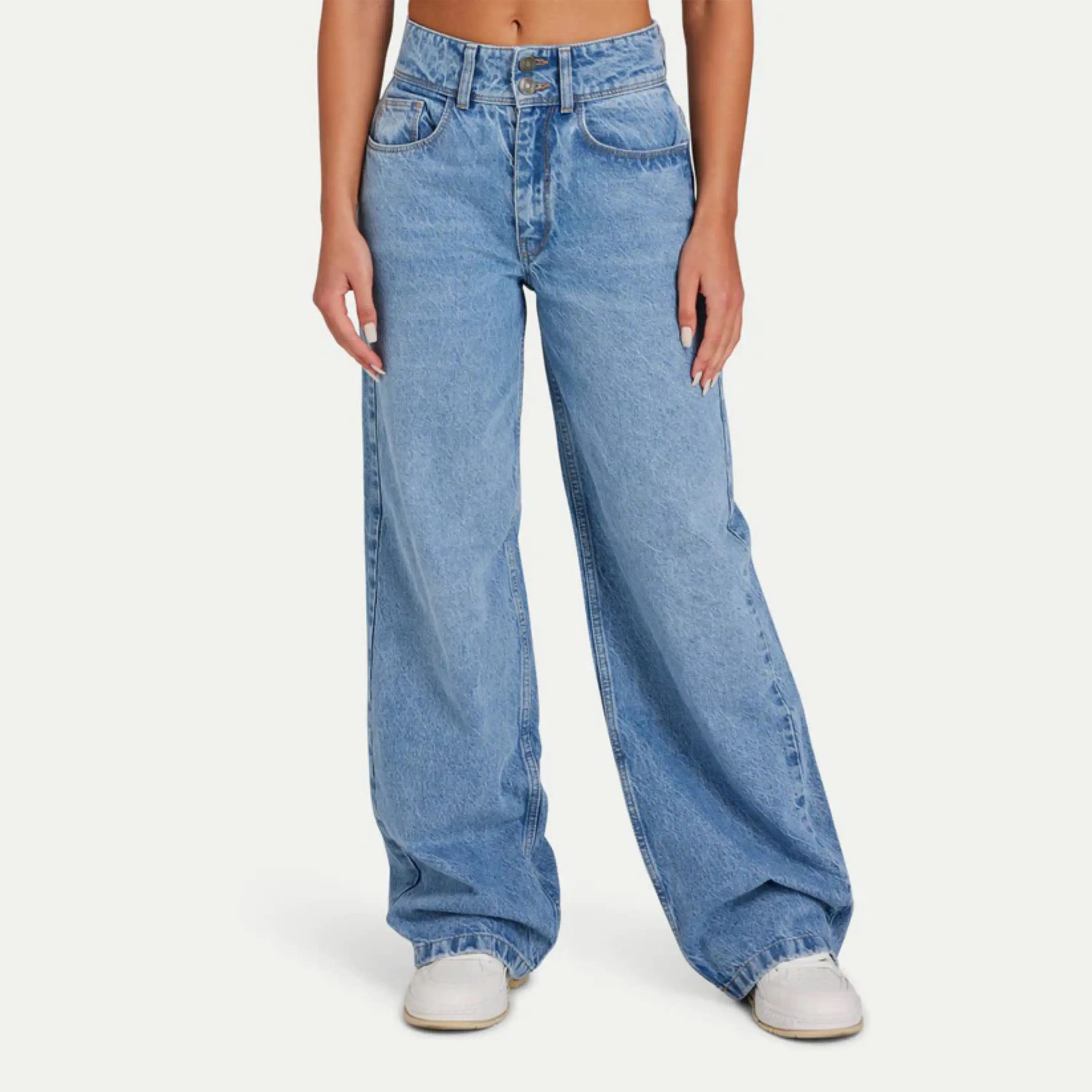 Venda direta da fábrica calças jeans largas para mulheres de cintura alta OEM de ajuste liso solto para mulheres