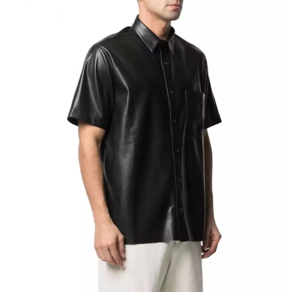 OEM ODM-camisa de cuero de manga corta para hombre, camisa masculina de alta calidad con botones de cuero negro