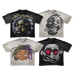 カスタムメンズヒップホップ流行グラフィックボックスフィットTシャツ特大ビンテージウォッシュカスタムロゴデザインUSAストリートウェアファッション - Product Image 1