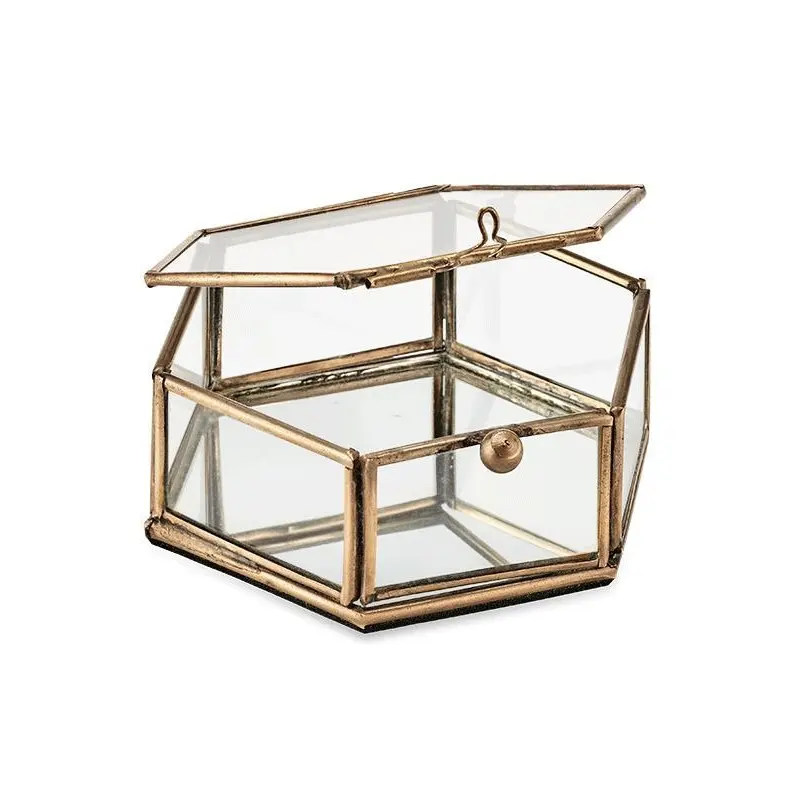 Modern Luxury Gold Brass Framed Glass Jewelry Storage Box Organizador Hexágono Vidro Caixa Decorativa