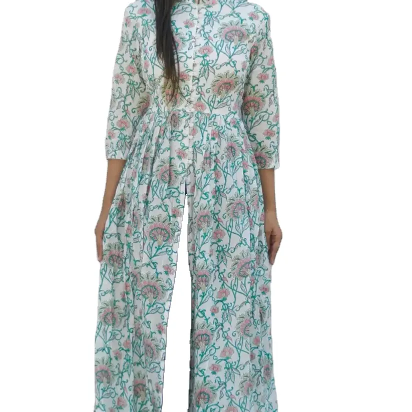 Set jubah Mandarin Hijau Off White gaya mode India Kurti dan celana berkualitas dari produsen India