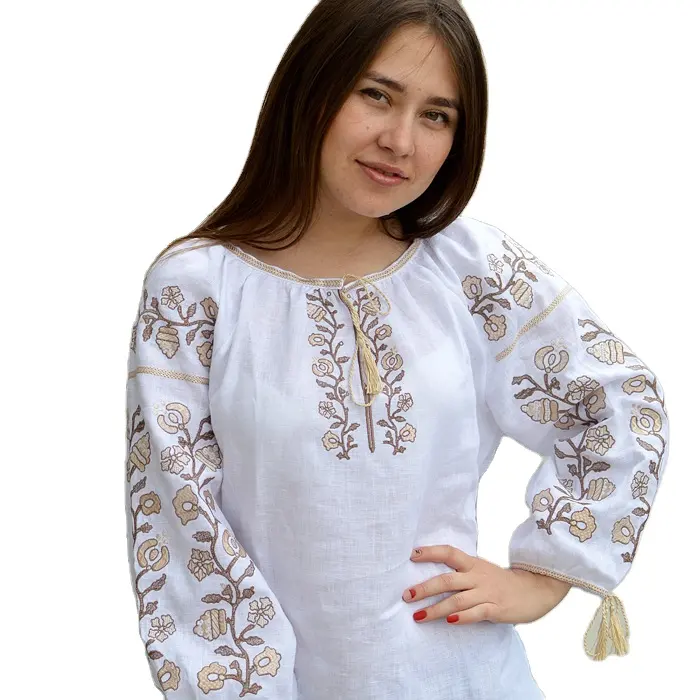 Top de algodão ucrânico de manga longa, branco, designer de moda artesanal, para festa