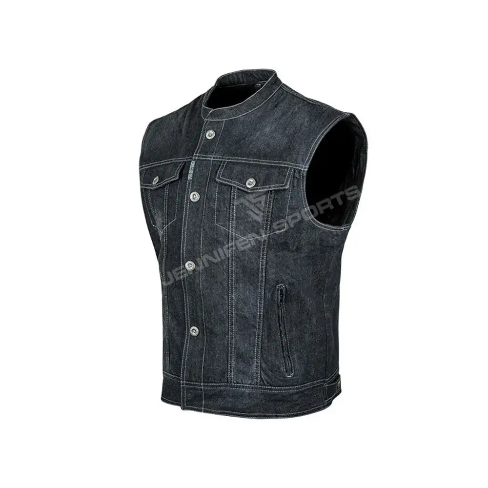 เสื้อกั๊กแจ็คเก็ตผ้ายีนส์,เสื้อกั๊กยีนส์มอเตอร์ไซด์กันลม,OEM ODM Denim Biker Vest ผู้ชายเสื้อกั๊กยีนส์สีดำ