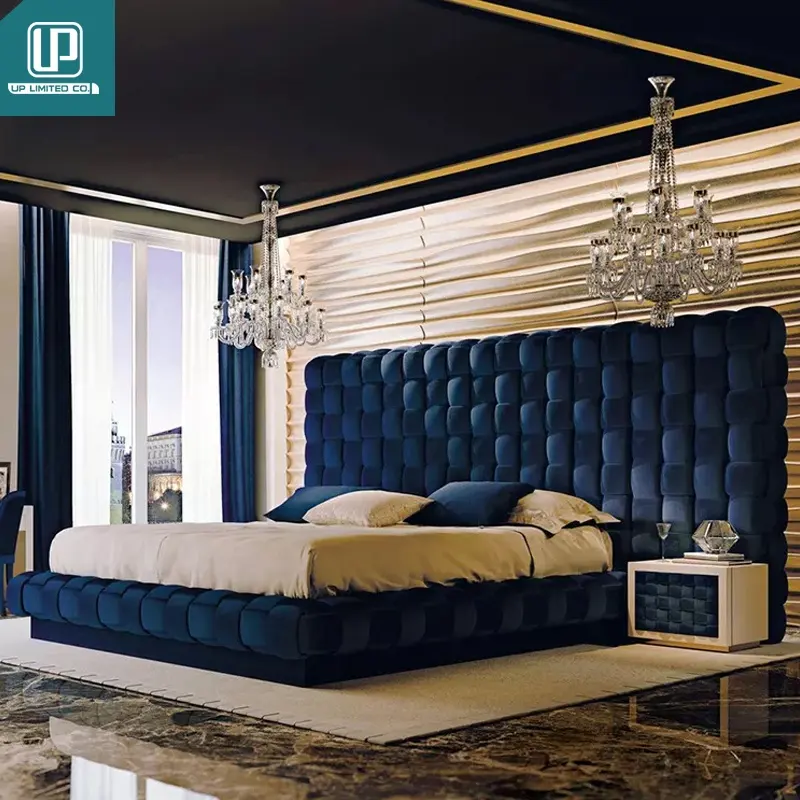 Italiaanse High End Letto Lit Bett King Size Bed Frame Blauw Nubuck Leer Tuft Gestoffeerde Bed Set Luxe Moderne Dubbele bedden