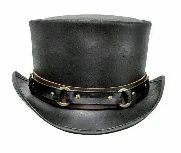 Sombrero de copa Steampunk de motorista de cuero de vaca para hombre, sombrero de Jazz de vaquero, sombrero de copa de cuero con chaleco victoriano Steampunk, negro, precio asequible