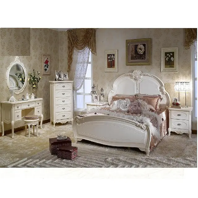 豪華な家の装飾寝室の家具セットロイヤルホワイトベッドルーム家具セット7ピースフレンチデザインホワイトバロック様式の寝室