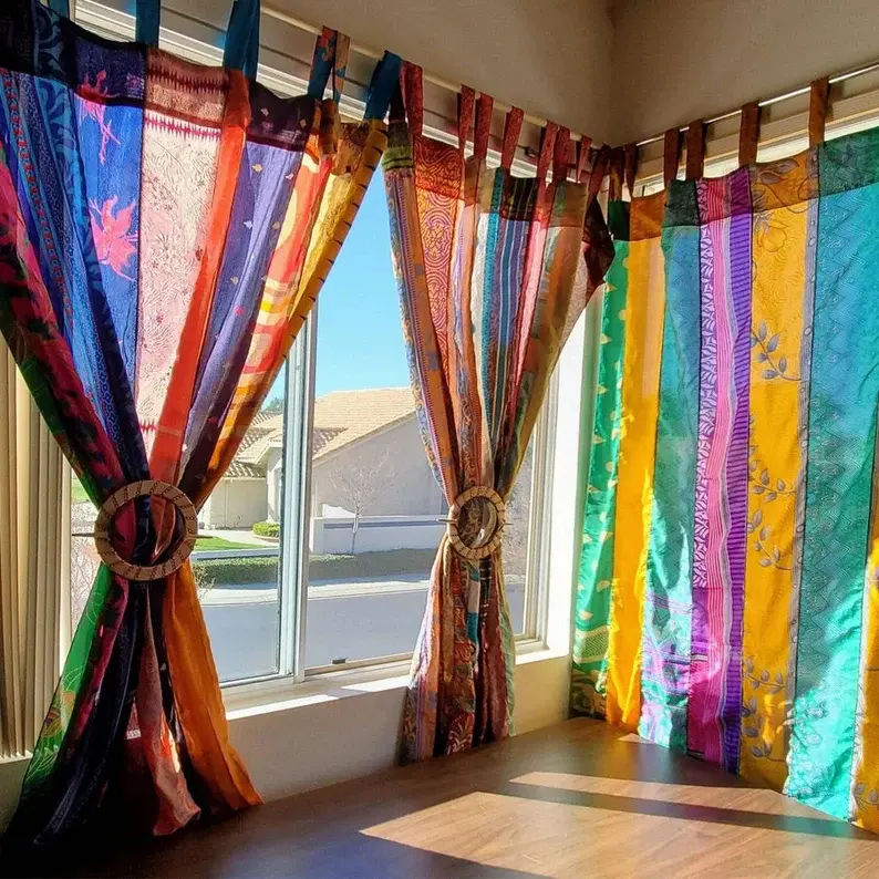 Cortina de seda vintage multi-cor feita à mão para portas e janelas, decorativa de casa, reciclada, sari de seda antiga