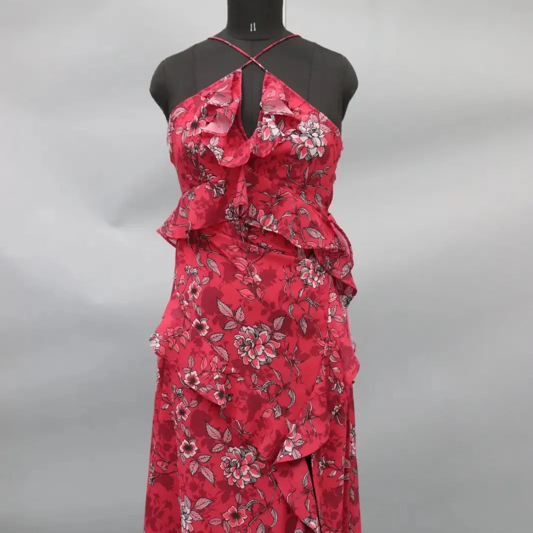 フィット感とフレアのノースリーブフリルデザインミディドレス、Vネックライン、背中とスリットの裾をインドで製造