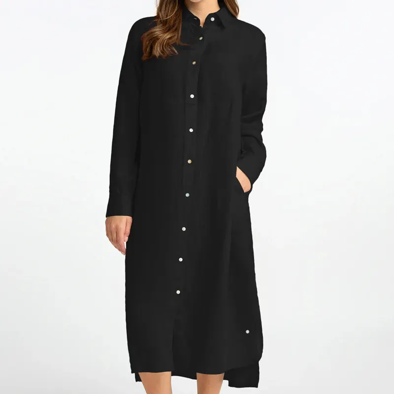Vestido camisero de lino con botones para mujer, vestidos informales de algodón orgánico, camisas de una pieza de manga larga, faldas para mujer