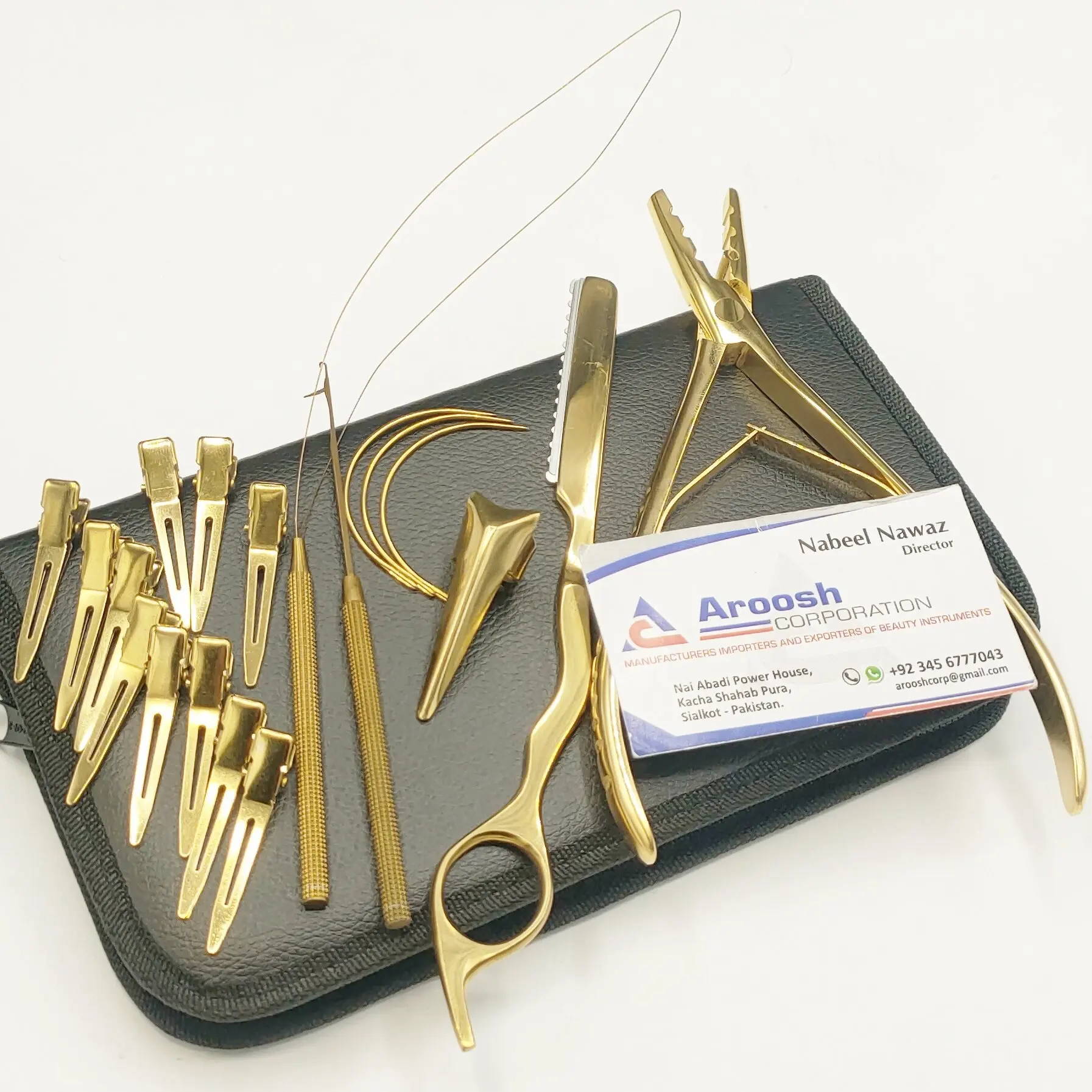 Kit de herramientas de extensión de cabello humano, con alicates, aguja de ganchillo, Clips y extensiones de cabello de acero inoxidable dorado