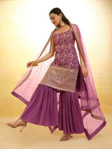 Hint ve pakistan tasarımcı Modern ağır kumaş Georgette Sharara Suit & parti düşük fiyat için Duppatta ile Palazzo - Product Image 3