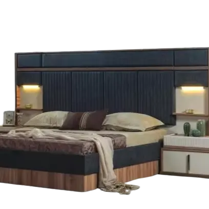 مجموعة غرفة نوم عصرية سرير مزدوج طاولات خشبية للسرير الجانبي سرير منسوج