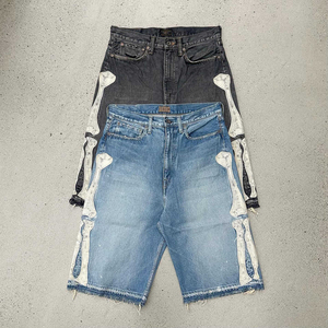 Toptan Hip Hop Boys Baggy kot kısa Bermuder yıkanmış nakış Denim kısa ağır pamuk boy Denim gözyaşları şort forMen