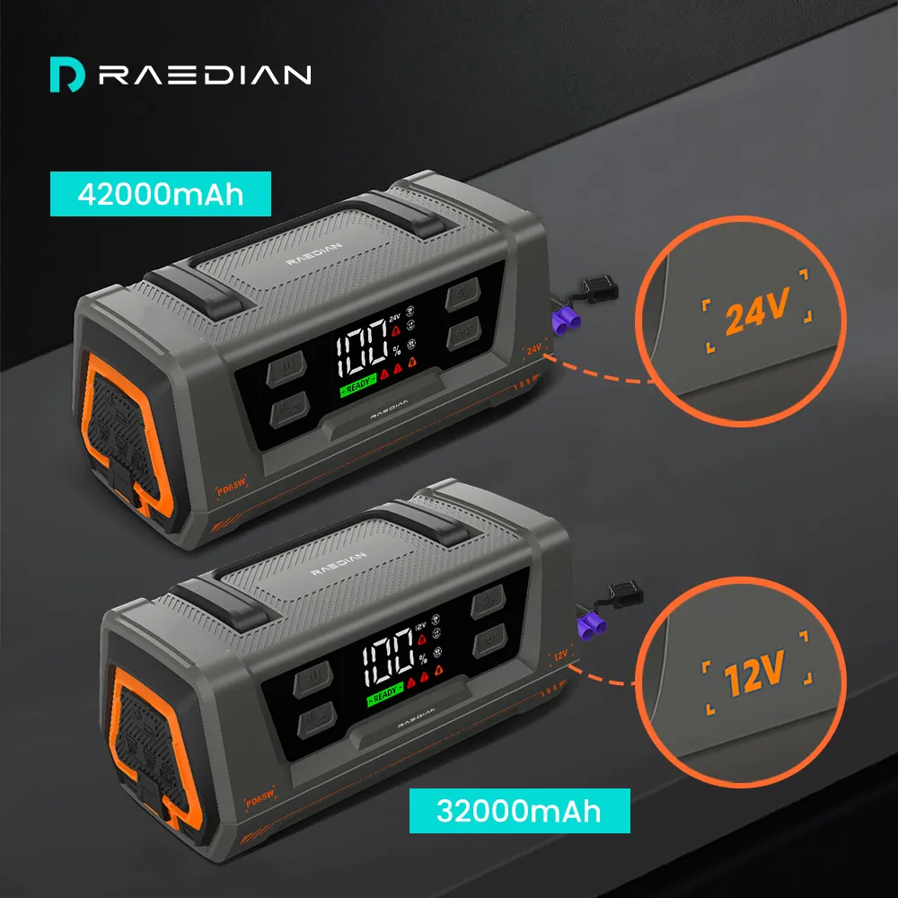 12V 24V मल्टी-फंक्शन पोर्टेबल लिथियम बैटरी कार जंप स्टार्टर, कार बूस्टर, एयर कंप्रेसर के साथ कार ट्रक पावर बैंक