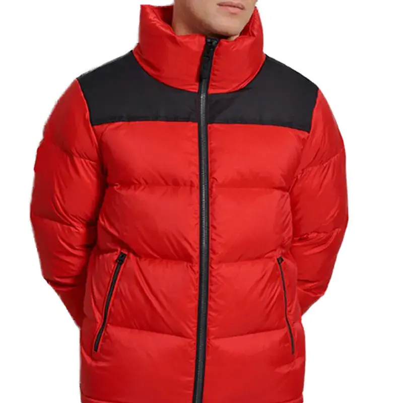 Inverno Para Baixo Enchimento Cor Bloco Homens Para Baixo Puffer Jacket Double Zip Fixação Stand Pescoço Casaco com Dois Bolso Lateral