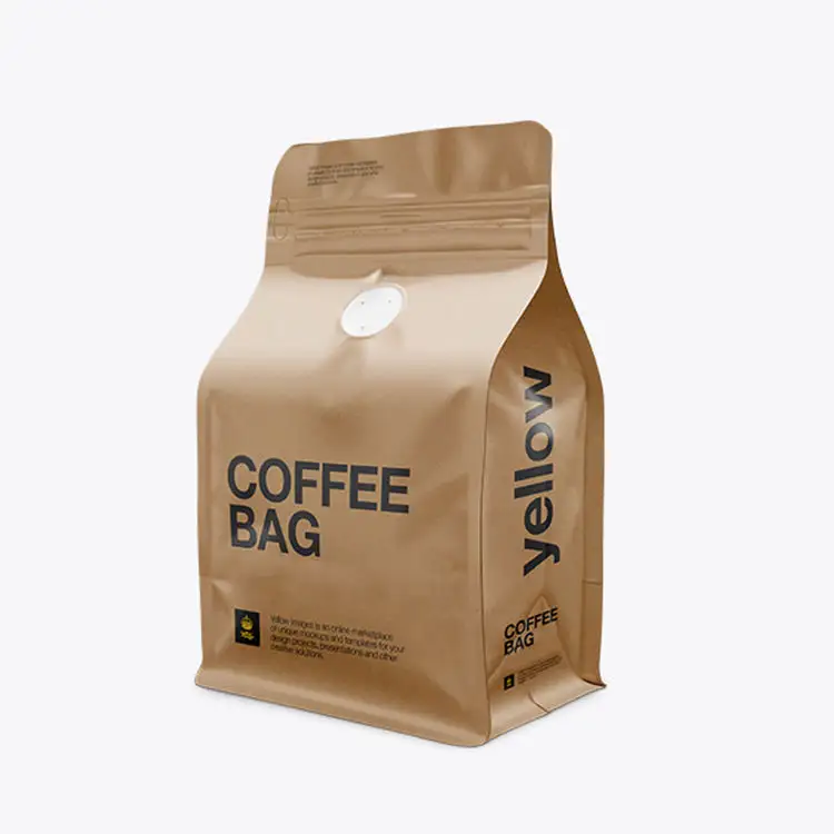 Sacchetti di plastica con chiusura a chiusura lampo personalizzati per caffè, sacchetti di caffè compostabili con fondo piatto in carta Kraft con valvola